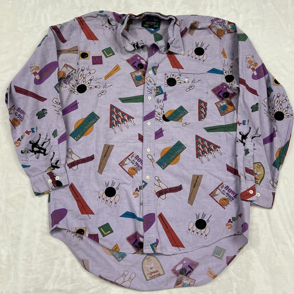 Colours by Alexander Julian Button Down Mens L Purple Bowling Novelty Print 90s